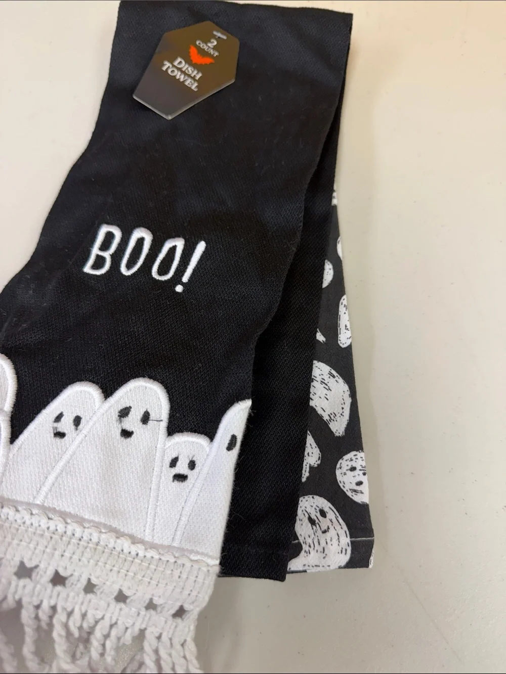 Halloween Ghost 'Boo!' Towels - Black & White 2 pieces kitchen decor embroidered